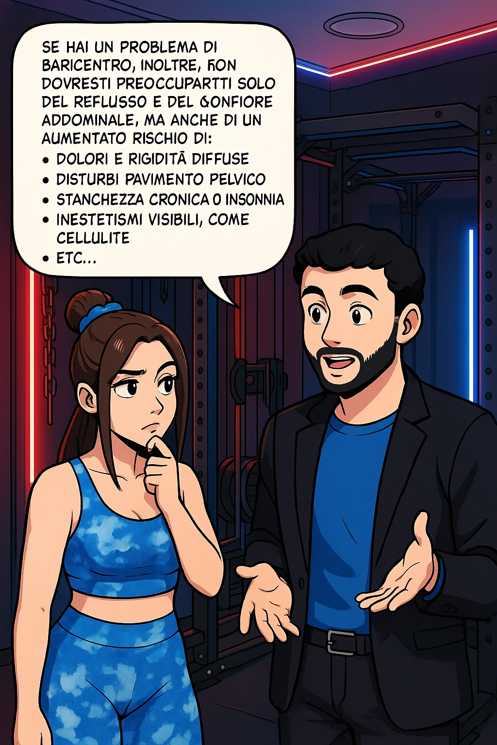 TRASFORMA QUESTO CAROSELLO IN UN FUMETTO STILE WEBTOON/MANGA A COLORI CON QUESTE DUE PERSONE IDENTICHE CHE INTERLOQUISCONO TRA LORO, L'uomo sta spiegando alla donna questo concetto MENTRE LA DONNA SI TIENE L'INDICE SUL MENTO ASCOLTANDOLO PENSIEROSA:

Se hai un problema di baricentro, inoltre, non dovresti preoccuparti solo del reflusso e del gonfiore addominale, ma anche di un aumentato rischio di:
    • dolori e rigidità diffuse
    • disturbi pavimento pelvico
    • stanchezza cronica o insonnia
    • inestetismi visibili, come celluluite
    • etc… emoji