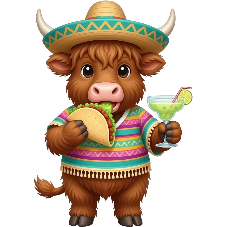 animated highland cow eating tacos and guacamole,wearing a pancho and sombrero drinking a margarita emoji