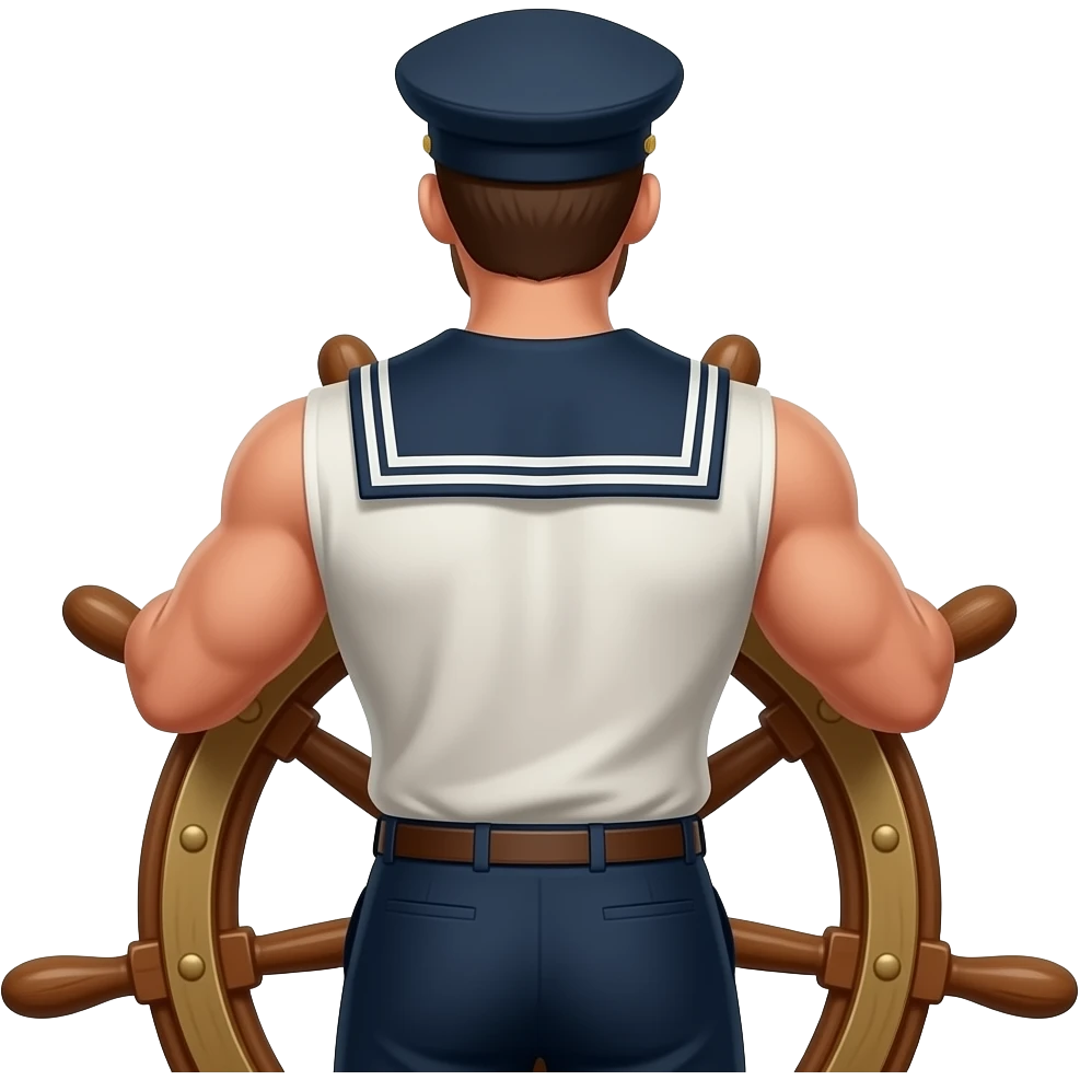 muscled captain at the helm of the boat, back view emoji