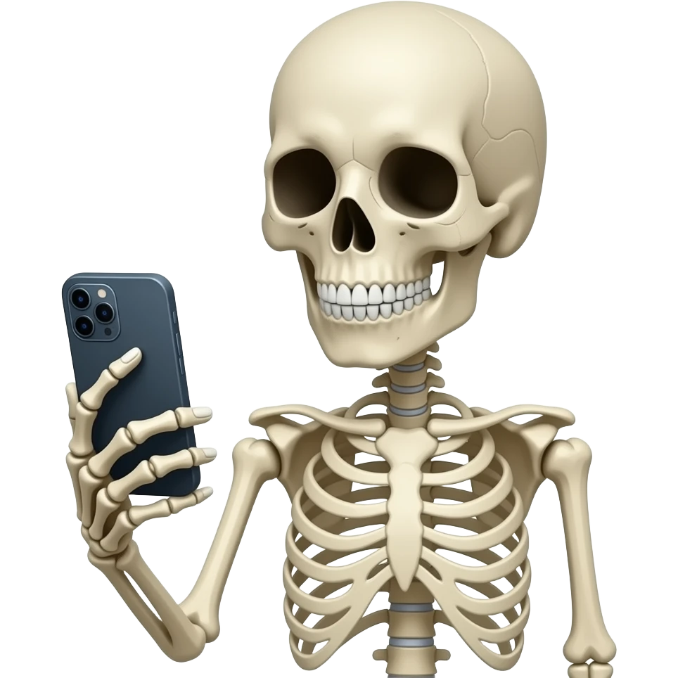skeleton with cellphone looking for love emoji