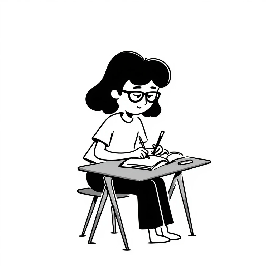 designer girl with medium hair, wearing cat-eyed glasses, hand-drawn look, artistic emoji
