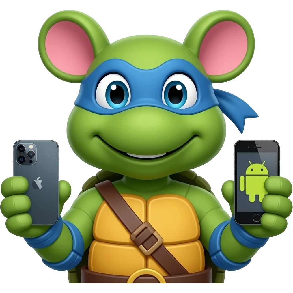 splinter mouse (teenage-mutant-ninja-turtles) holding a iPhone device on one hand and an Android mobile device on the other hand emoji