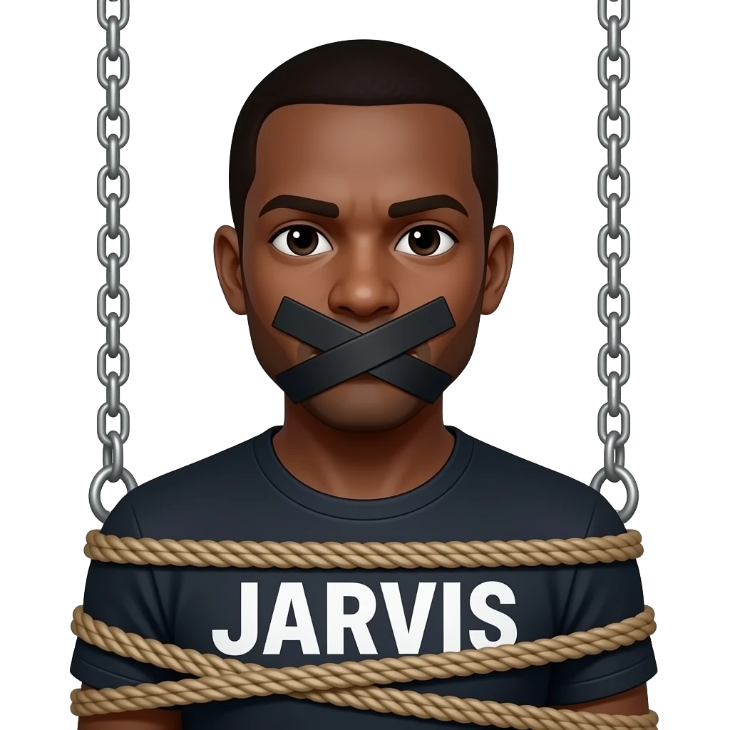 Make an emoji of a black man tied up in a sex swing with a word JARVIS on his shirt and his mouth taped shut emoji