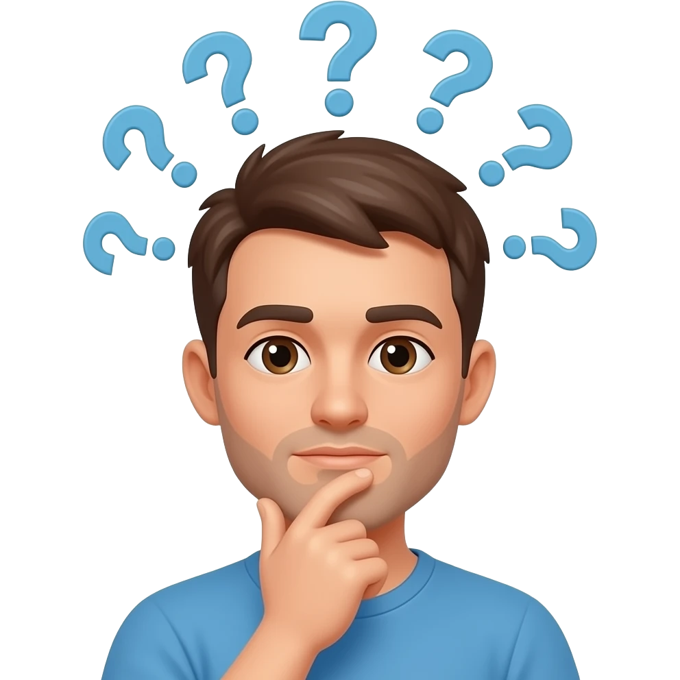 persona que se pregunta a si misma estilo apple con interrogantes alrededor de su cabeza emoji