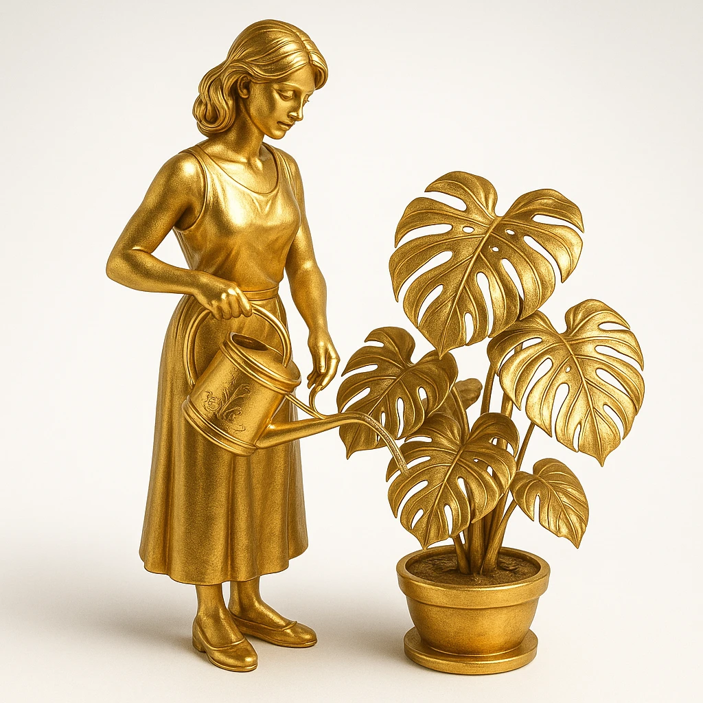 woman watering her monstera plant emoji