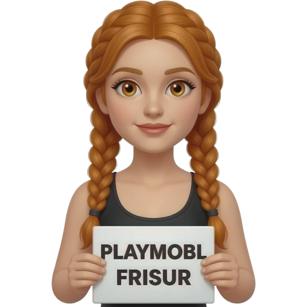 sexy girl with long ginger braids and ginger eyes wearing a black tanktop and is holding a white sign with PLAYMOBIL FRISUR written on it emoji