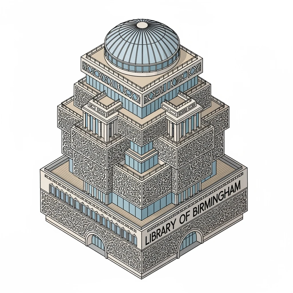 Isometric illustration of the Library of Birmingham, iconic cities landmark, miniature slightly hand-drawn style, transparent background. emoji