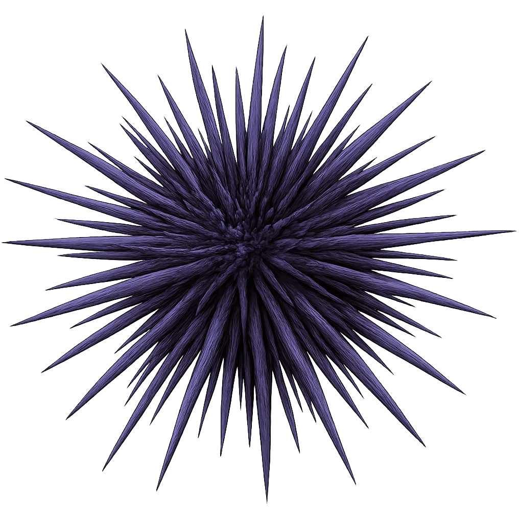 Add realistic purple and dark colors to the sea urchin, keep the dangerous spikes and realistic shape, with a transparent background. Maintain the natural and realistic appearance of the sea urchin's spikes and overall form. emoji