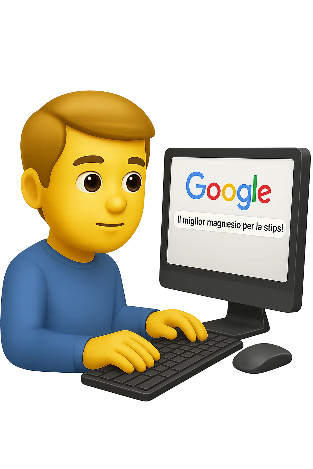 emoji stile iphone di un uomo davanti al pc che cerca di google: "Il miglior magnesio per la stipsi", iperrealistico 4k emoji