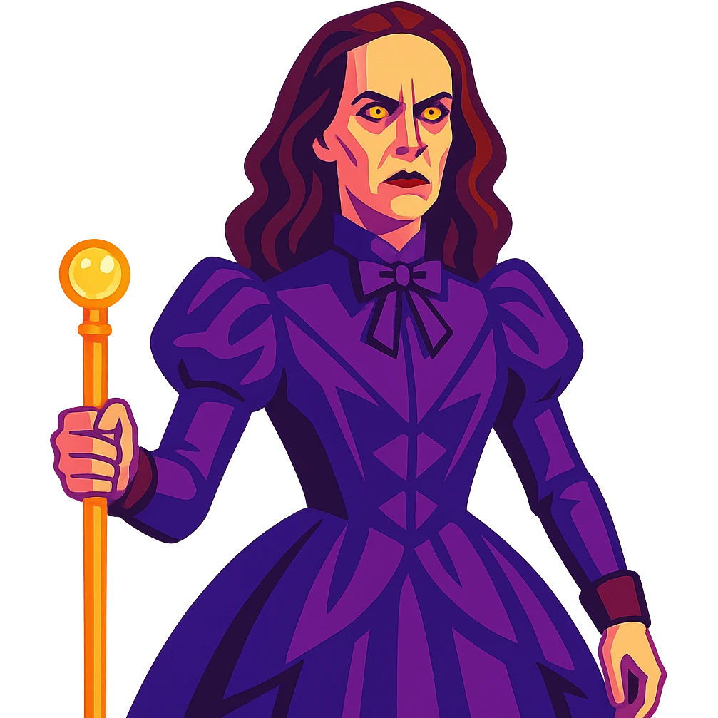 Wilhemina Venable (Sarah Paulson) in royal purple Victorian style, beautiful and luminous but terrifying, holding a gold cane emoji
