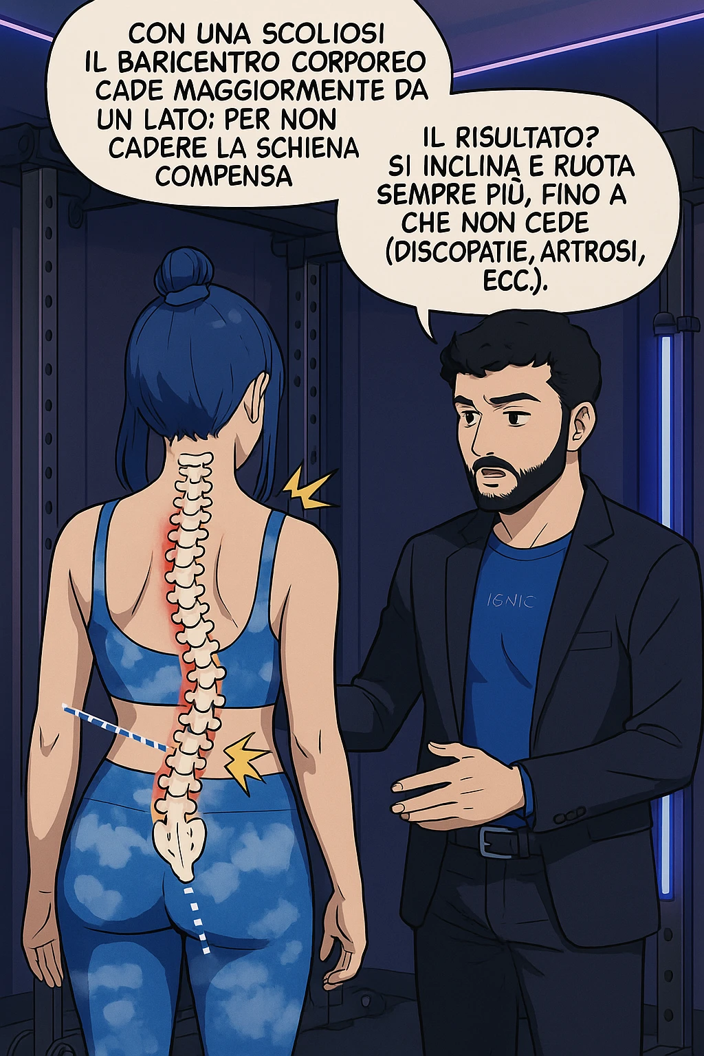 fai questa immagine in versione manga/webtoon a colori, il manga mostra la donna di spalle, mentre l'uomo le tocca la spina dorsale per spiegarle come funziona la scoliosi:
Con una scoliosi il baricentro corporeo cade maggiormente da un lato; per non cadere la schiena compensa accumulando tensione sul fianco opposto.
Il risultato? Si inclina e ruota sempre più, fino a che non cede (discopatie, artrosi, ecc) emoji