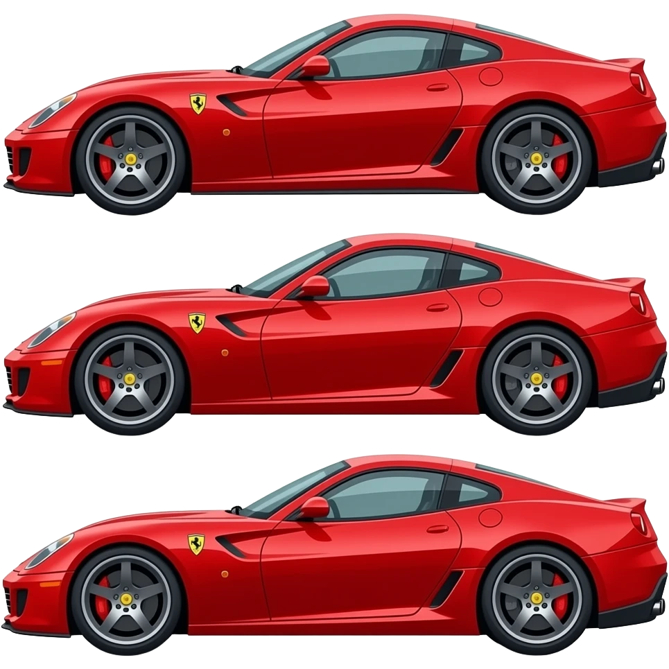 ferrari 599GTB, perfect proportions, side view, front view, back view, cartoon drawing, exaggerated emoji