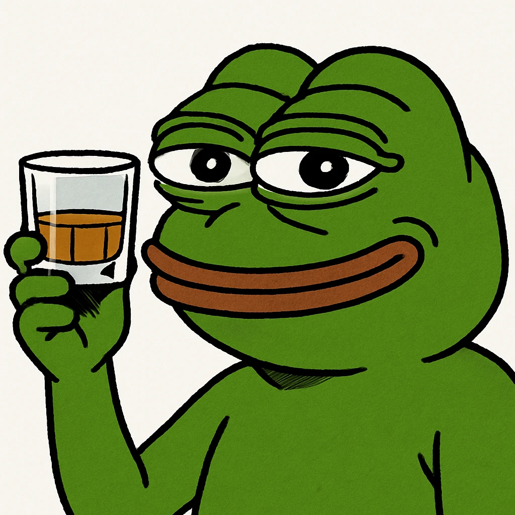 Pepe the Frog toasting with a whiskey glass, pepe meme style emoji