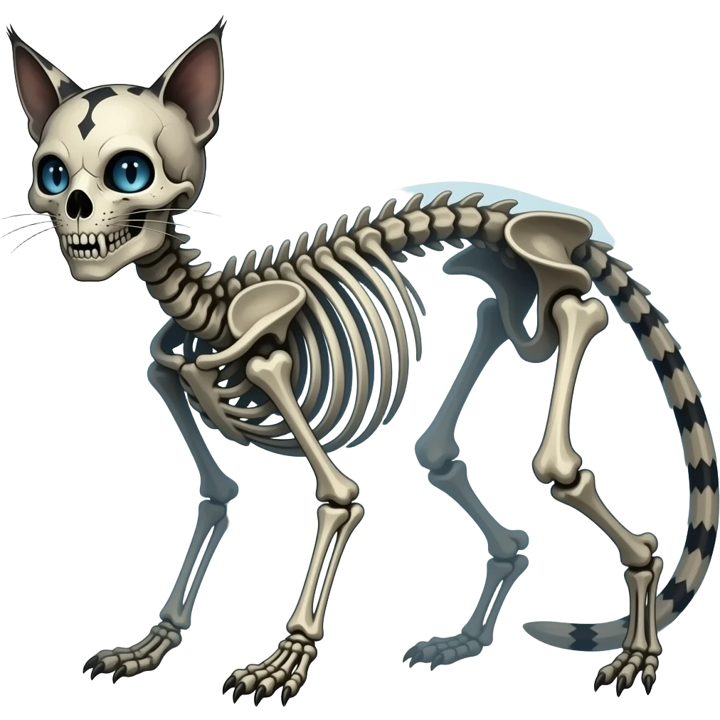 Digitigrade scaly bony skull-faced quadrupedal ghostly dull spectral edgy spooky meager thin cool beautiful skeleton-fantasy-caracal-civet-genet-vernid-duskull-Cubone-Cacomistle-oncilla-Fakémon-hybrid (full body), no fur emoji