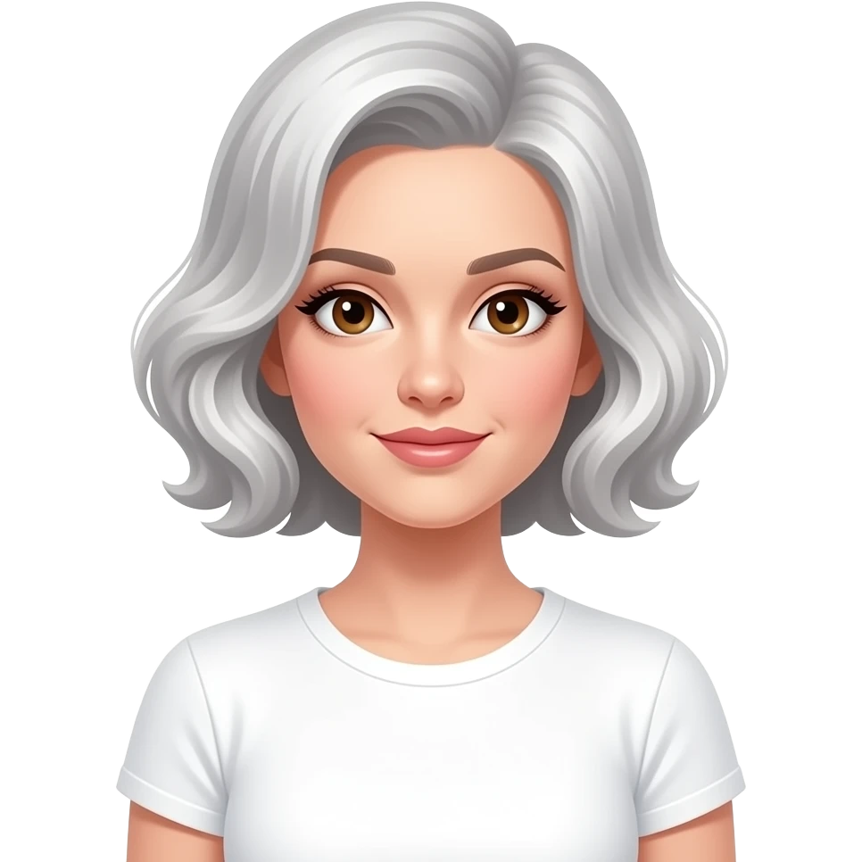 Style: 3D Memoji style, simple render, no outline, soft studio lighting, white background.  Character: 60s elegant woman, wavy silver bob, brown eyes, white t-shirt.  Skin: natural healthy glow, dewy interior glow. emoji