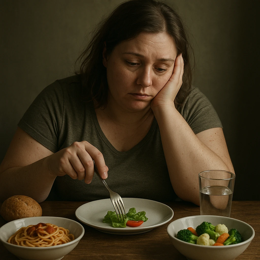 hyper realistic woman who lost confidence and time due to poor diet results, disappointed and tired expression, melancholic atmosphere, realistic details, scene at table with food emoji
