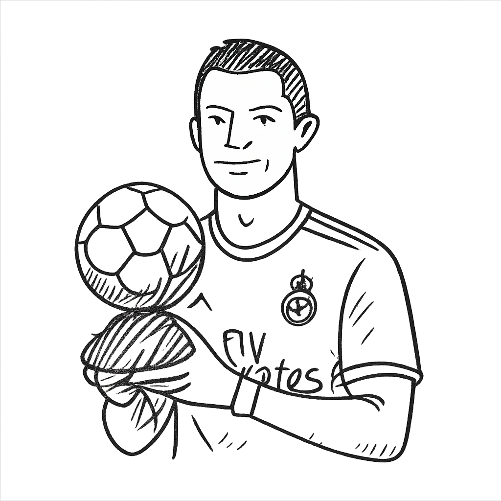 Cristiano Ronaldo in Real Madrid soccer uniform holding the Golden Ball trophy emoji