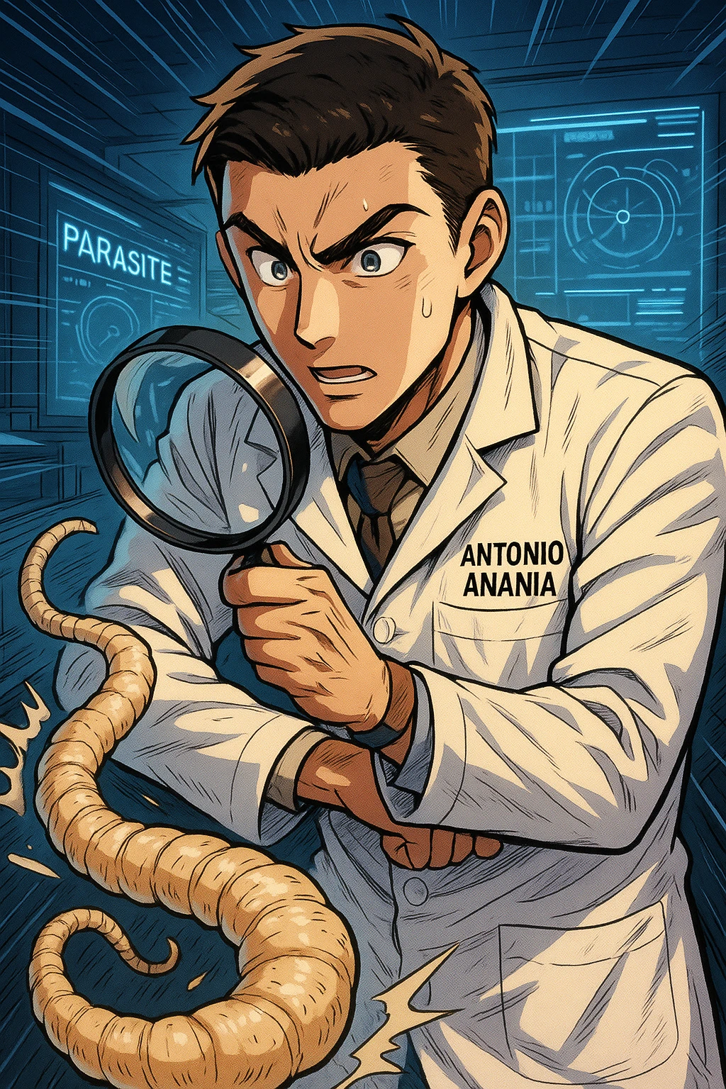 A dynamic manga/webtoon-style illustration of a young male kinesiologist wearing a clean white lab coat, analyzing light beige worms like a tapeworm under a magnifying glass. His expression is focused and slightly intrigued, with sharp, detailed eyes. The art style is vibrant, with bold linework, rich colors, and dramatic lighting. The background is a futuristic laboratory with glowing holographic screens displaying parasite data. The tapeworm is intricately drawn, slimy and segmented, with a slightly exaggerated yet realistic texture. The composition is dynamic, with motion lines or energy effects to emphasize his scientific investigation. The atmosphere is intense but not dark, keeping a balance between scientific seriousness and stylish manga aesthetics, he has "ANTONIO ANANIA" WRITTEN ON WHITE LAB COAT emoji