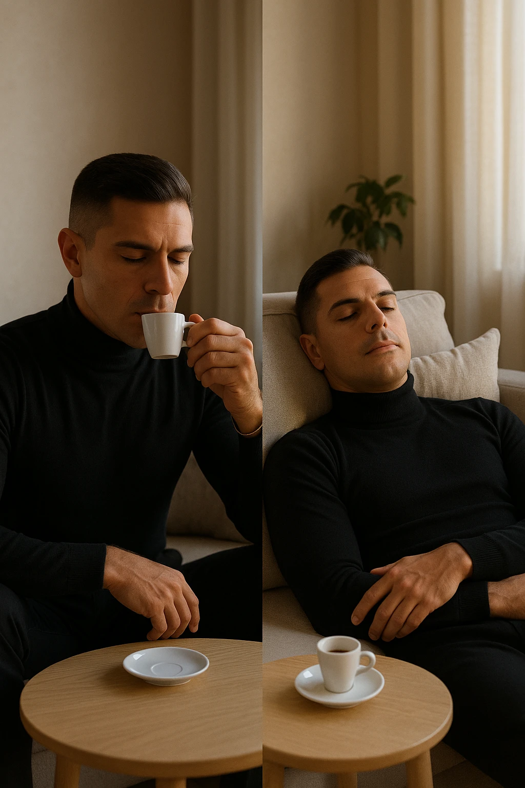 Uomo adulto in abiti casual in un ambiente domestico o ufficio tranquillo, mentre beve un caffè espresso con espressione consapevole. Subito dopo, si sdraia su un divano per un breve riposo di 20 minuti, occhi chiusi, posizione rilassata. La stanza è luminosa ma tranquilla, luce pomeridiana morbida che filtra dalla finestra. Atmosfera rigenerante e silenziosa. Accanto a lui, una tazzina vuota. Il suo viso appare calmo, in attesa del recupero energetico emoji
