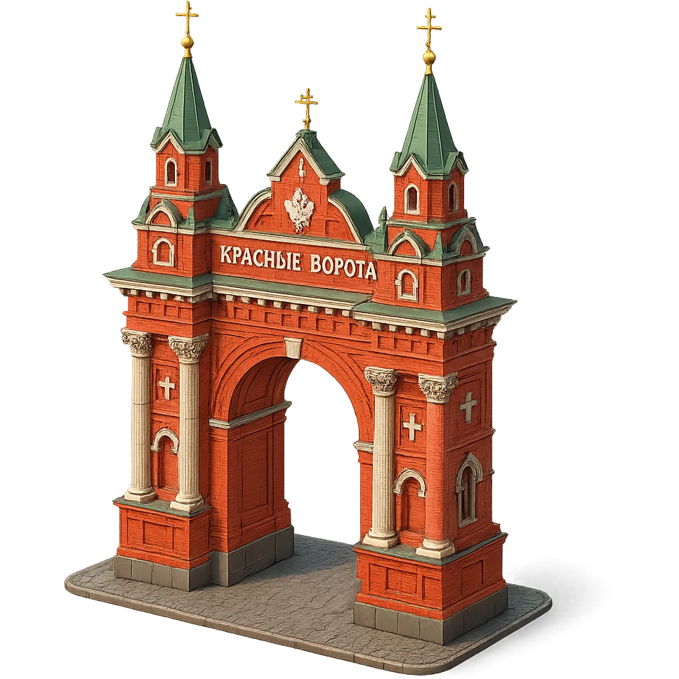 Изометричная, яркая, детализированная, объемная и фотореалистичная иллюстрация Красных ворот в Москве в красном цвете,  четкие линии, прозрачный фон emoji