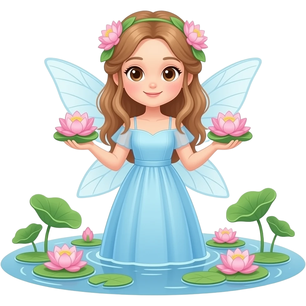 girl fairy, brown eyes, light brown hair, lotus in her hands, very light blue very long dress, she stays in pond, lotus in her hair, lotuses in pond, light yellow sparkles around her emoji