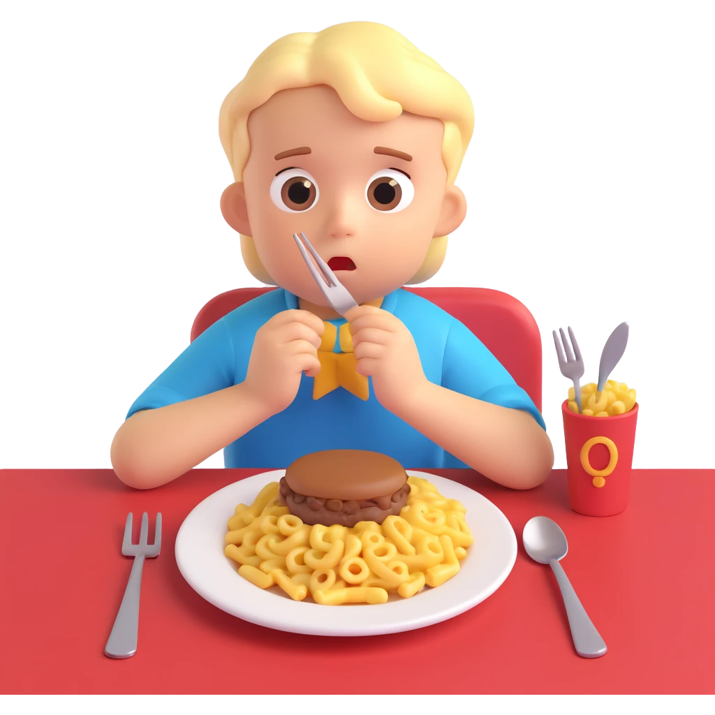A stylized 3D character of a 6-year-old child sits at a table, looking bored at a plate of macaroni and a meat patty, absentmindedly poking the macaroni with a fork. emoji