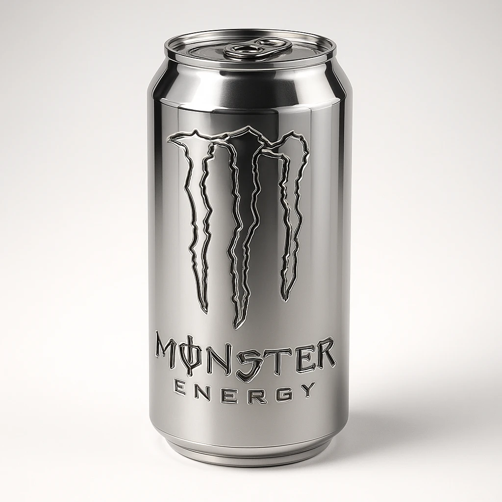monster energy drink can, shiny metallic reflections chrome style emoji