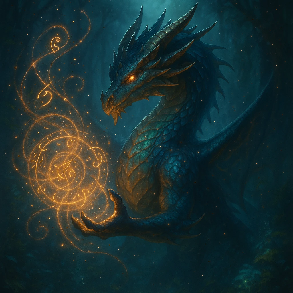 mystical dragon casting a spell in an enchanted atmosphere, fantasy theme, magical effects emoji