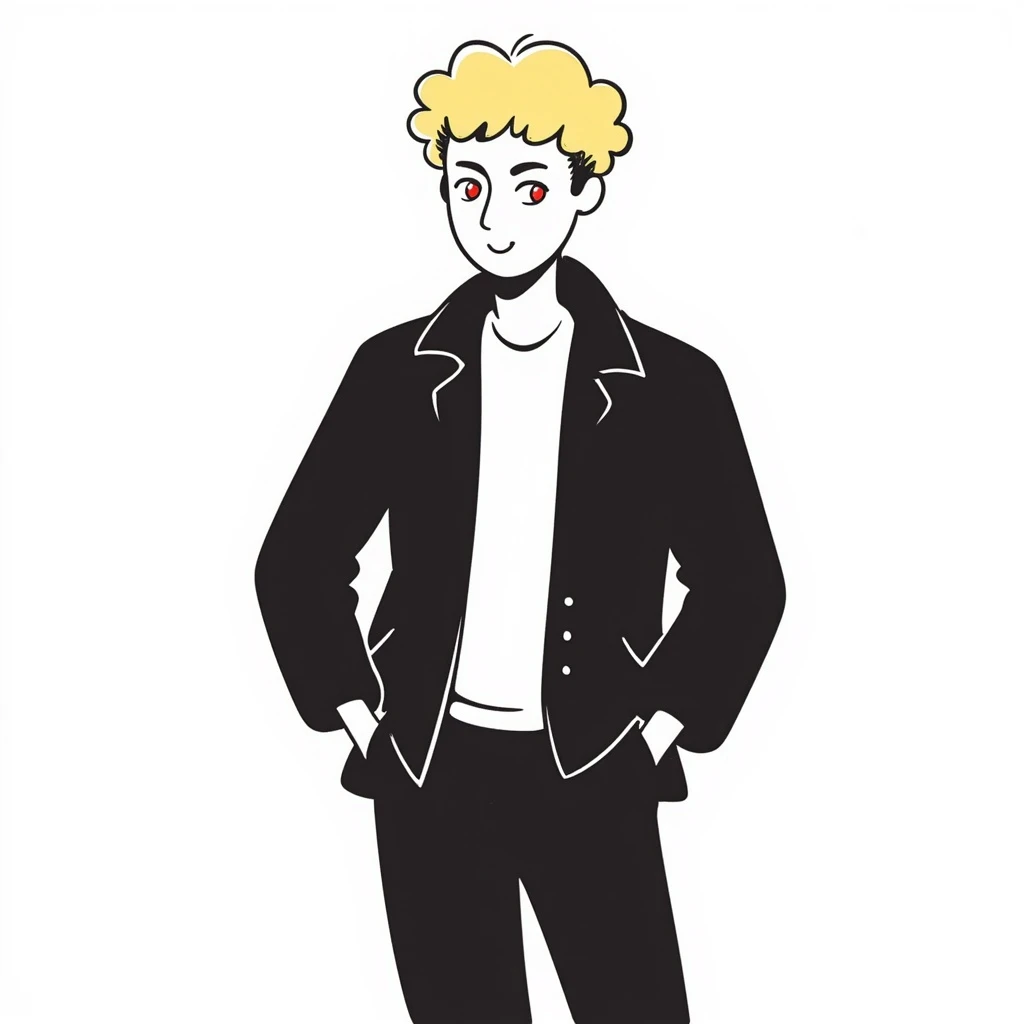 Make the Japanese man with red eyes and blond hair wink, smiling, in a hand drawn doodle style. emoji