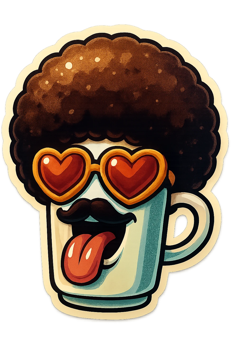Tall coffee cupp, afro, heart glasses, big heart eyes, tounge rolled out emoji