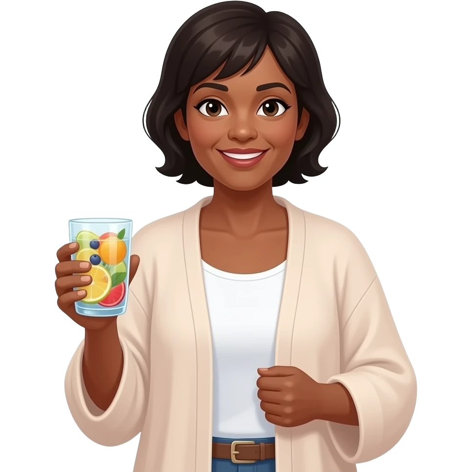 BLACK BALD WOMAN N HER 50S IN FLOWY CARDIGAN HOLDING A CUP OF FRUIT INFUSED WATER emoji