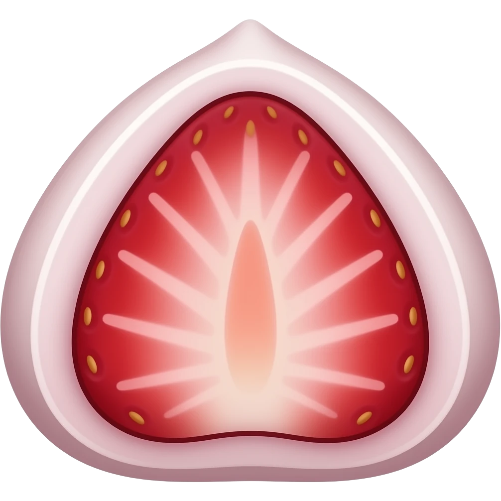 strawberry daifuku emoji, round white mochi with strawberry and red bean paste filling, one cut open showing strawberry cross section, kawaii icon emoji