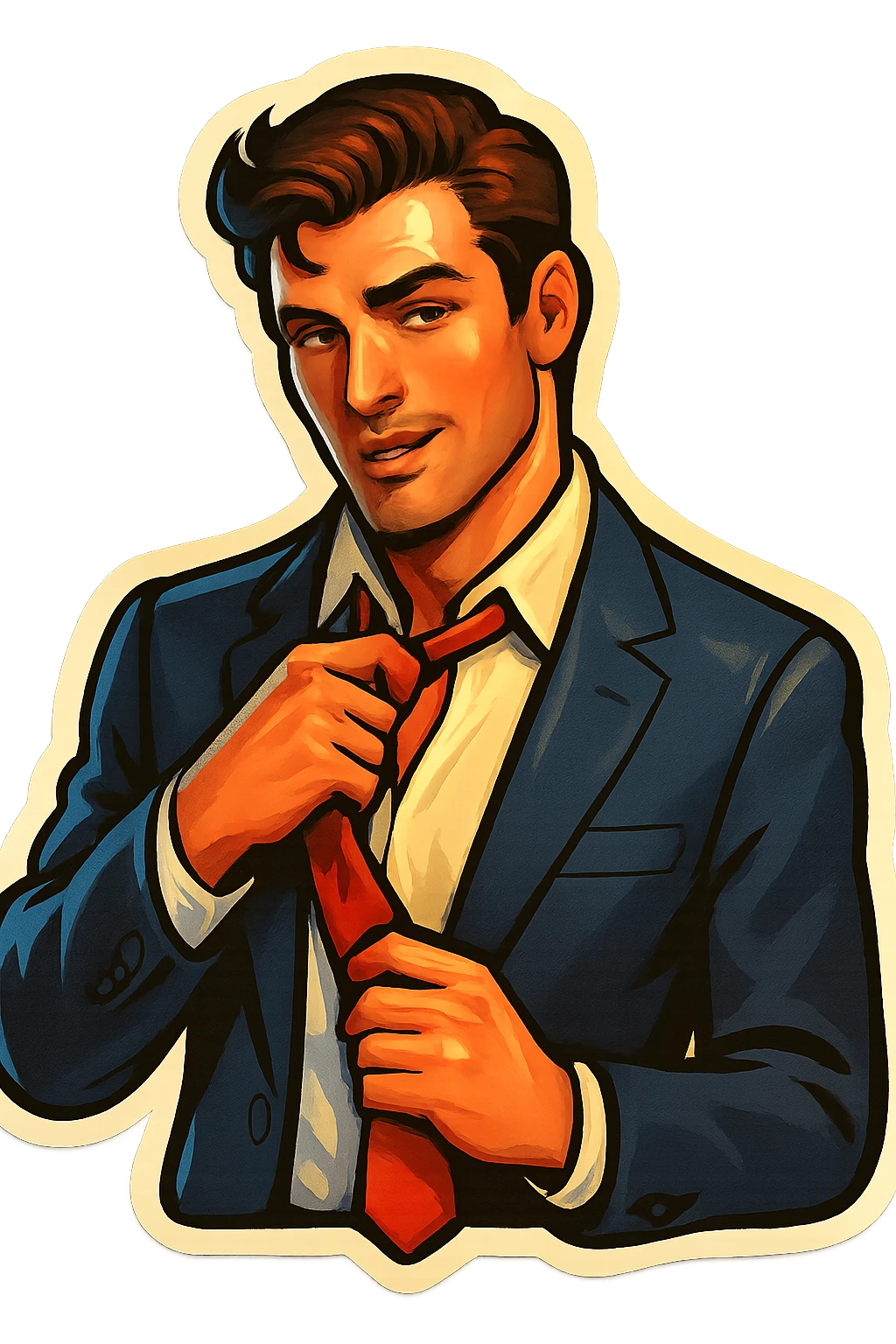 A man in a suit, loosening his tie with a seductive look, stylized sticker emoji