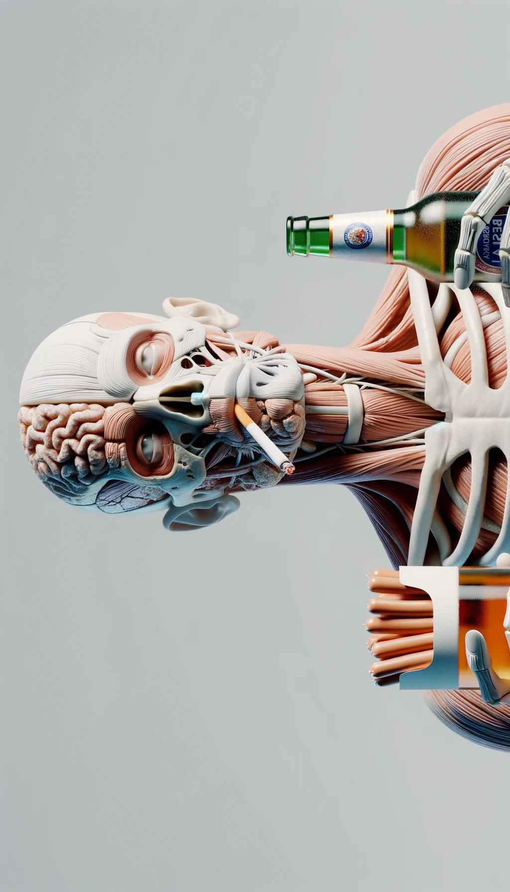 CORPO UMANO ANATOMICO TIENE UNA SIGARETTA IN BOCCA E STA FUMANDO MENTRE TIENE TRA LE BRACCIA UNA BIRRA E WURSTEL CONFEZIONATI, LI GUARDA CON ESPRESSIONE INDECISA IN VOLTO, NEUTRAL CLEAR BACKGROUND, iperrealistico 4k emoji