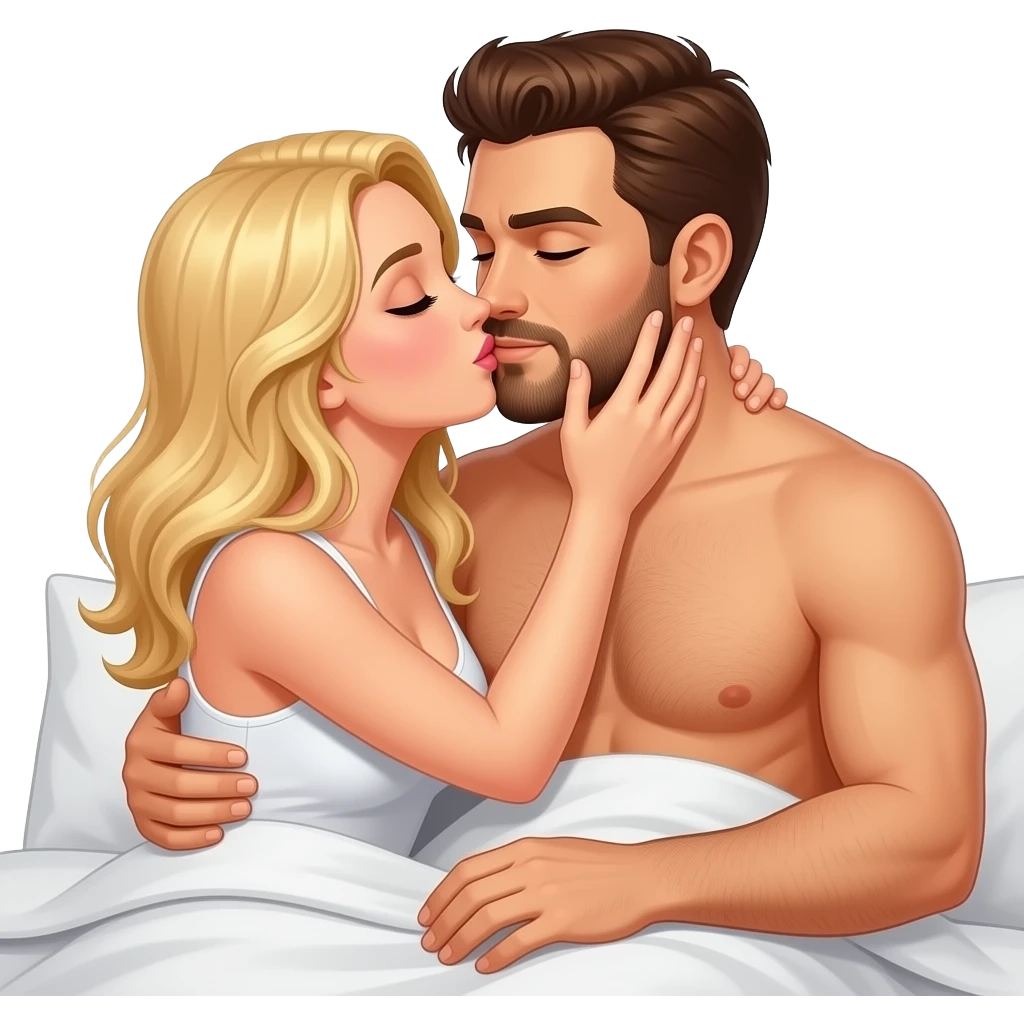 naked woman with blonde hair kissing naked man with brown hair and beard in bed emoji