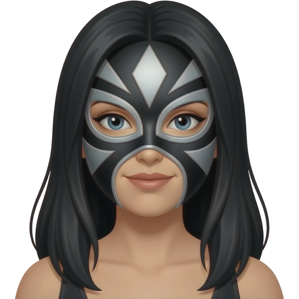 Mascara  de luchador de mujer que se le vea el cabello negro largo, la mascara negro con plateado con diseño como si fuera un androide un Ciborg que sea simétrico que no se le vea el torso, solo el emoji con la cara y los detalles que te di emoji