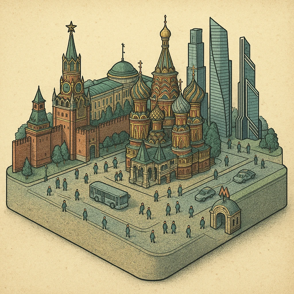 Изометричная миниатюрная 3D модель Москвы на подставке - фотореалистичный Кремль, собор Василия Блаженного, фотореалистичный Башни Москва-Сити, аккуратная детализация, яркие цвета, мультяшный реализм, гуляют люди и современный автотранспорт и метро, компактная композиция, вид сверху в изометрии emoji