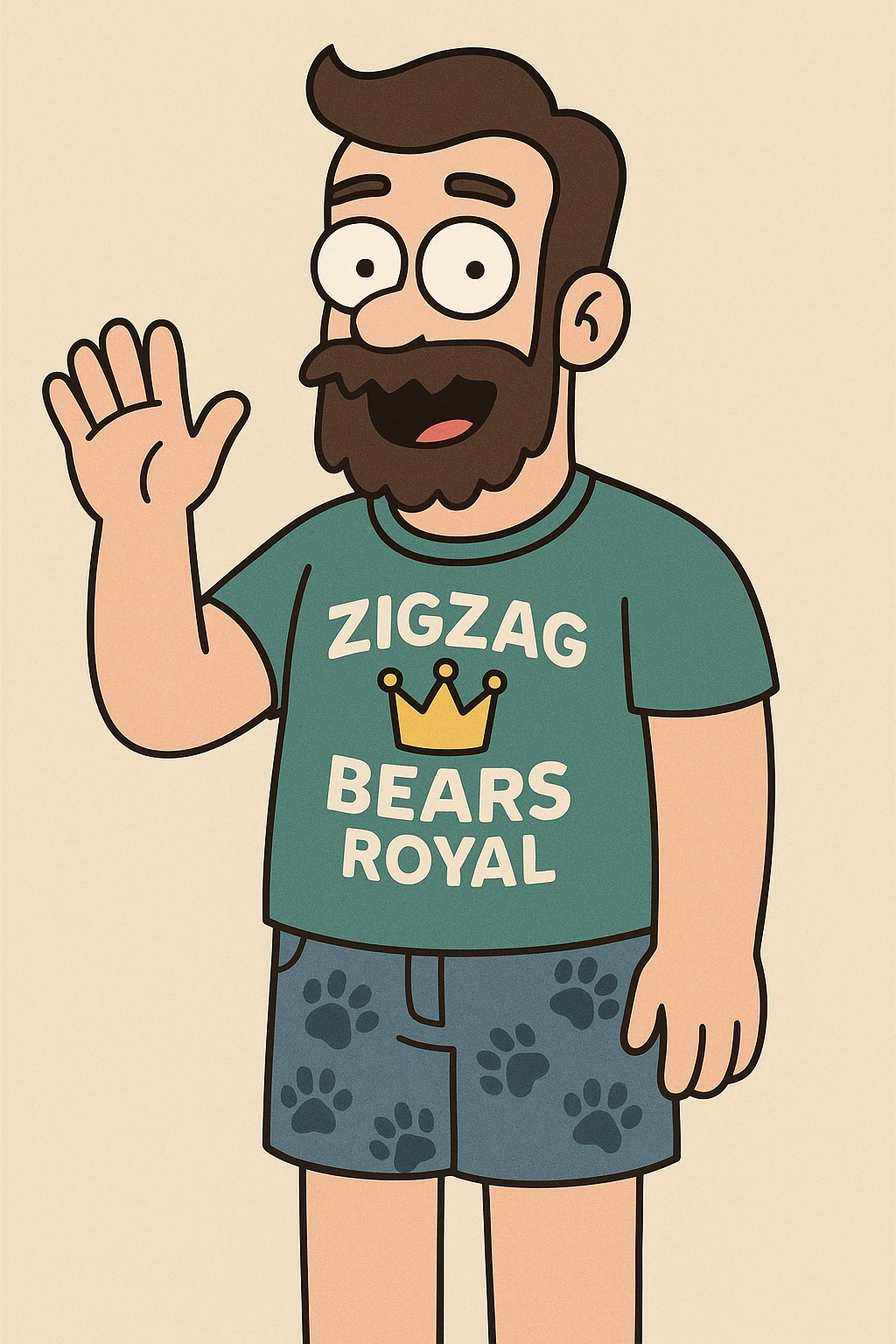 A man zigzag bears Royal t-shirt blue dogs paw jeans 🩳 a hand say hello emoji