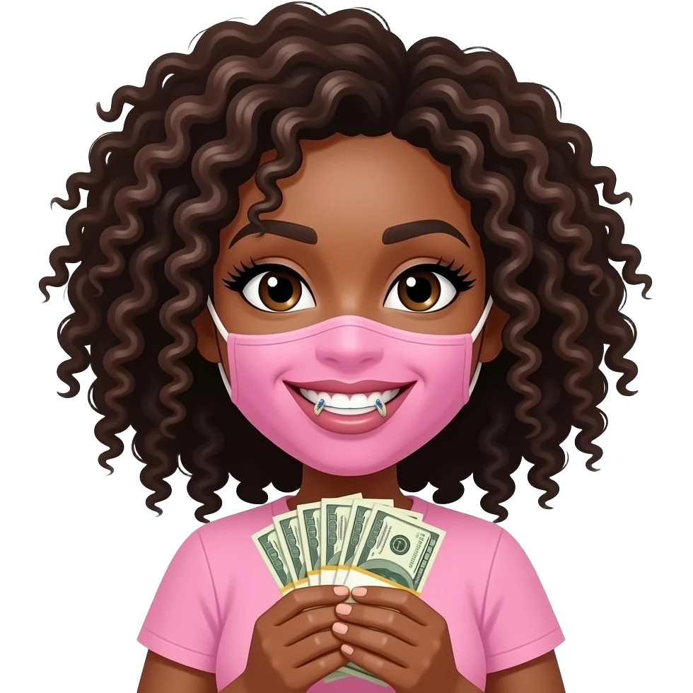 Smiley face tan woman with grillz. Curly hair lashes, wearing a pink mask. holding a stack of money emoji