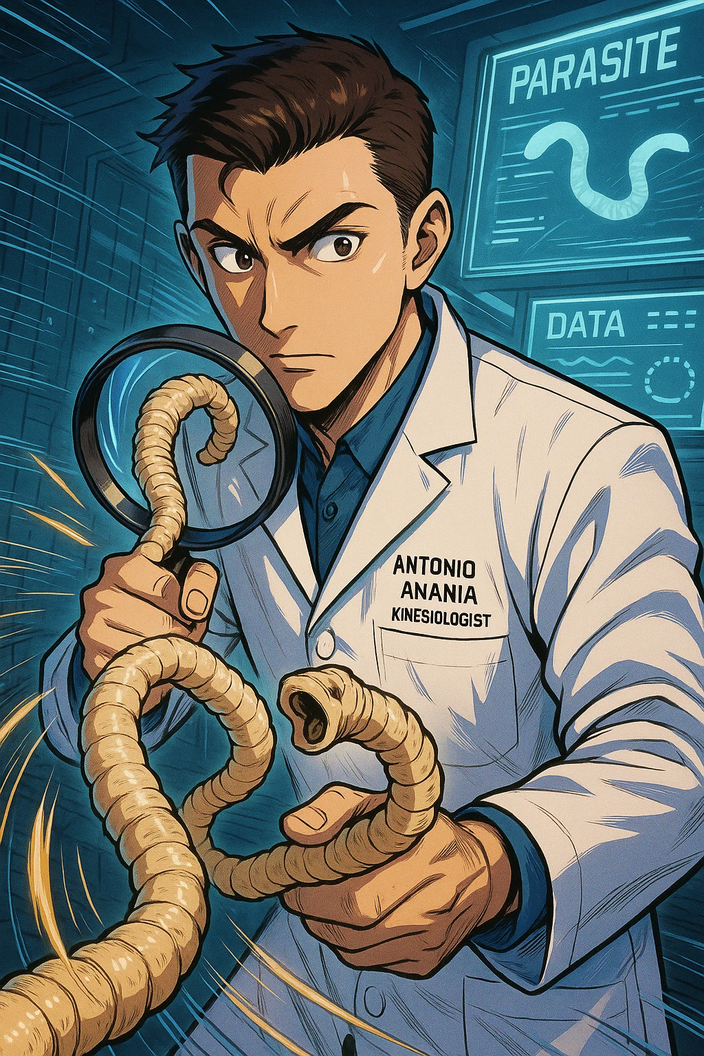 A dynamic manga/webtoon-style illustration of a young male kinesiologist wearing a clean white lab coat, analyzing light beige worms like a tapeworm under a magnifying glass. His expression is focused and slightly intrigued, with sharp, detailed eyes. The art style is vibrant, with bold linework, rich colors, and dramatic lighting. The background is a futuristic laboratory with glowing holographic screens displaying parasite data. The tapeworm is intricately drawn, slimy and segmented, with a slightly exaggerated yet realistic texture. The composition is dynamic, with motion lines or energy effects to emphasize his scientific investigation. The atmosphere is intense but not dark, keeping a balance between scientific seriousness and stylish manga aesthetics, he has "ANTONIO ANANIA" WRITTEN ON WHITE LAB COAT emoji