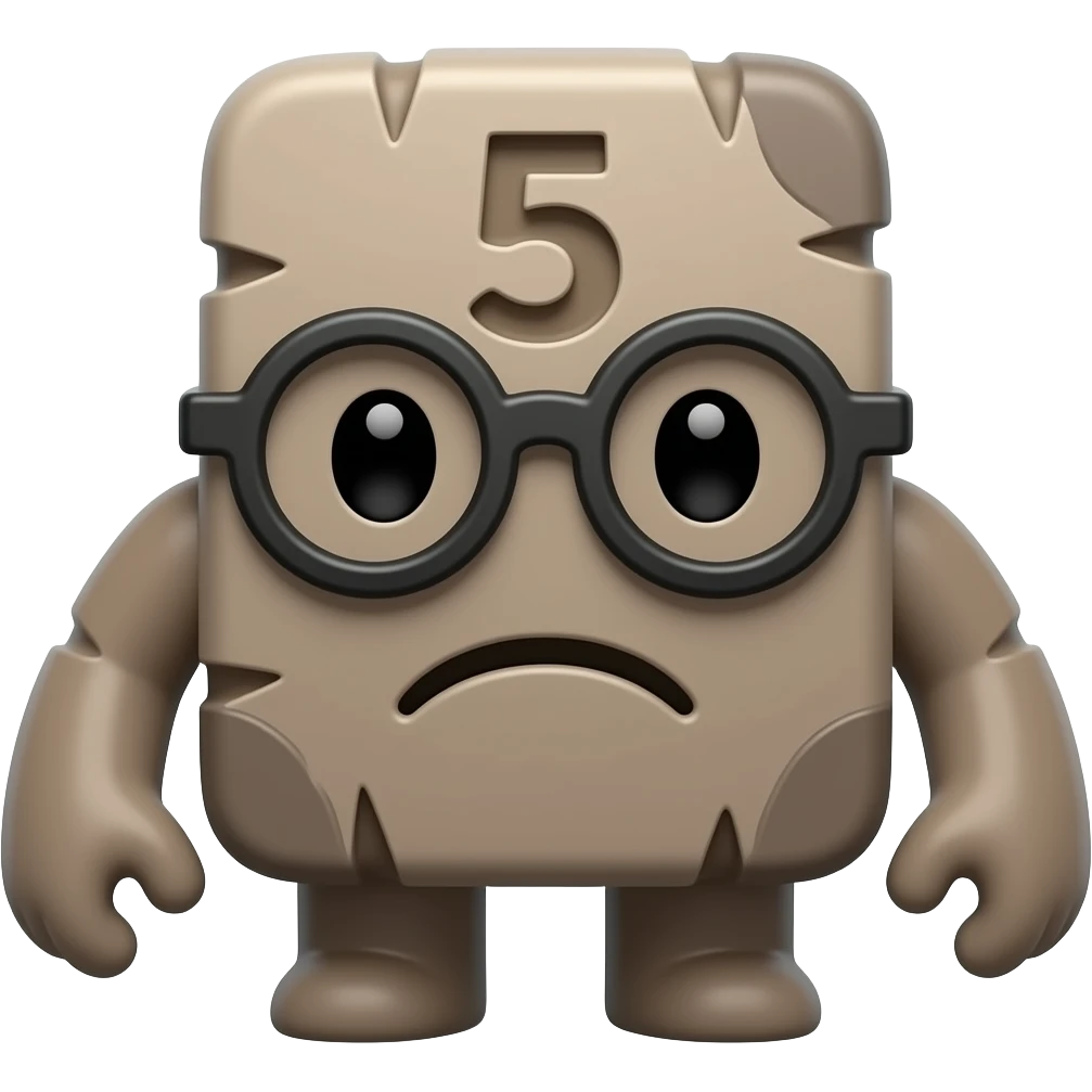 A cute, minimal flat-design emoji of a Golem — a humanoid figure made of clay or stone, with the number '5' inscribed on its forehead. Blocky, sturdy body. Wearing small round nerdy glasses. Neutral or slightly determined expression. Muted earthy tones — clay brown, stone grey. emoji