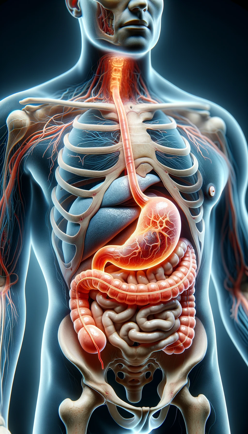 corpo umano anatomico con reflusso e stomaco infiammato, stomaco in evidenza, iperrealistico 4k emoji