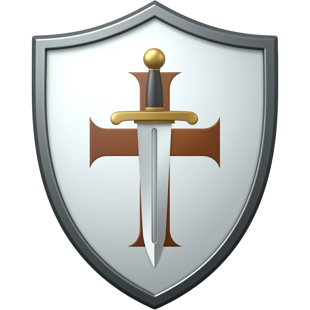 un escudo blanco con bordes negro y una cruz cafe y una espada de acero por detras en la mitad con un mango en forma de cruz y el mando este en la parte superio emoji