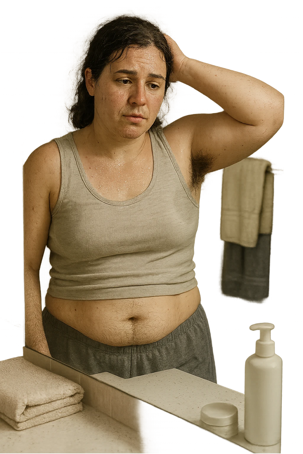 Donna tra i 25 e i 35 anni in un bagno o camerino, con espressione affaticata e leggermente imbarazzata, mentre si osserva allo specchio. È visibile una sudorazione abbondante sulla fronte e sotto le ascelle, e si notano peli più marcati su viso (mento o baffetti), addome e braccia. Indossa abiti leggeri o sportivi, e ha accanto a sé asciugamani e prodotti per la cura della pelle. Atmosfera realistica ma intima, con luce naturale e toni neutri. L'immagine trasmette consapevolezza, frustrazione e il desiderio di trovare soluzioni. Stile realistico, tono empatico e umano emoji