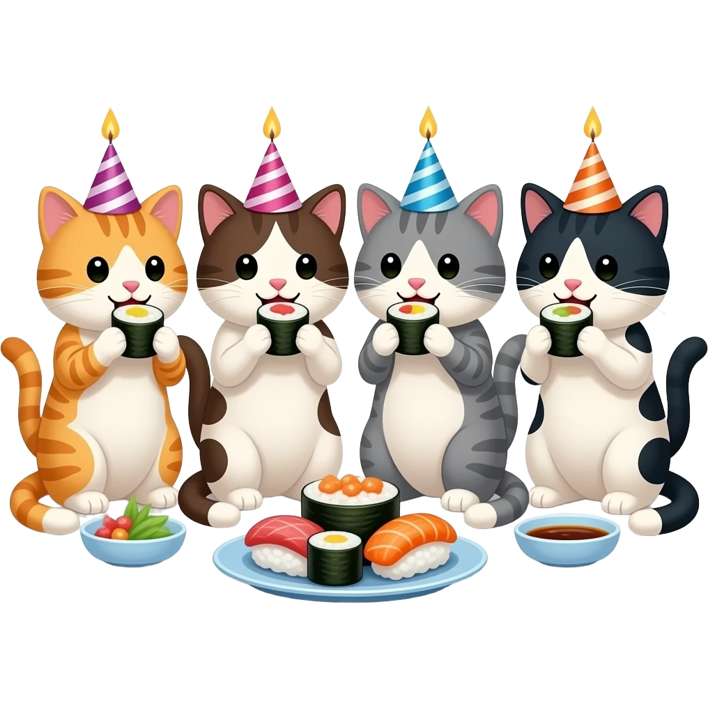 four happy birthday cats eating sushi together emoji