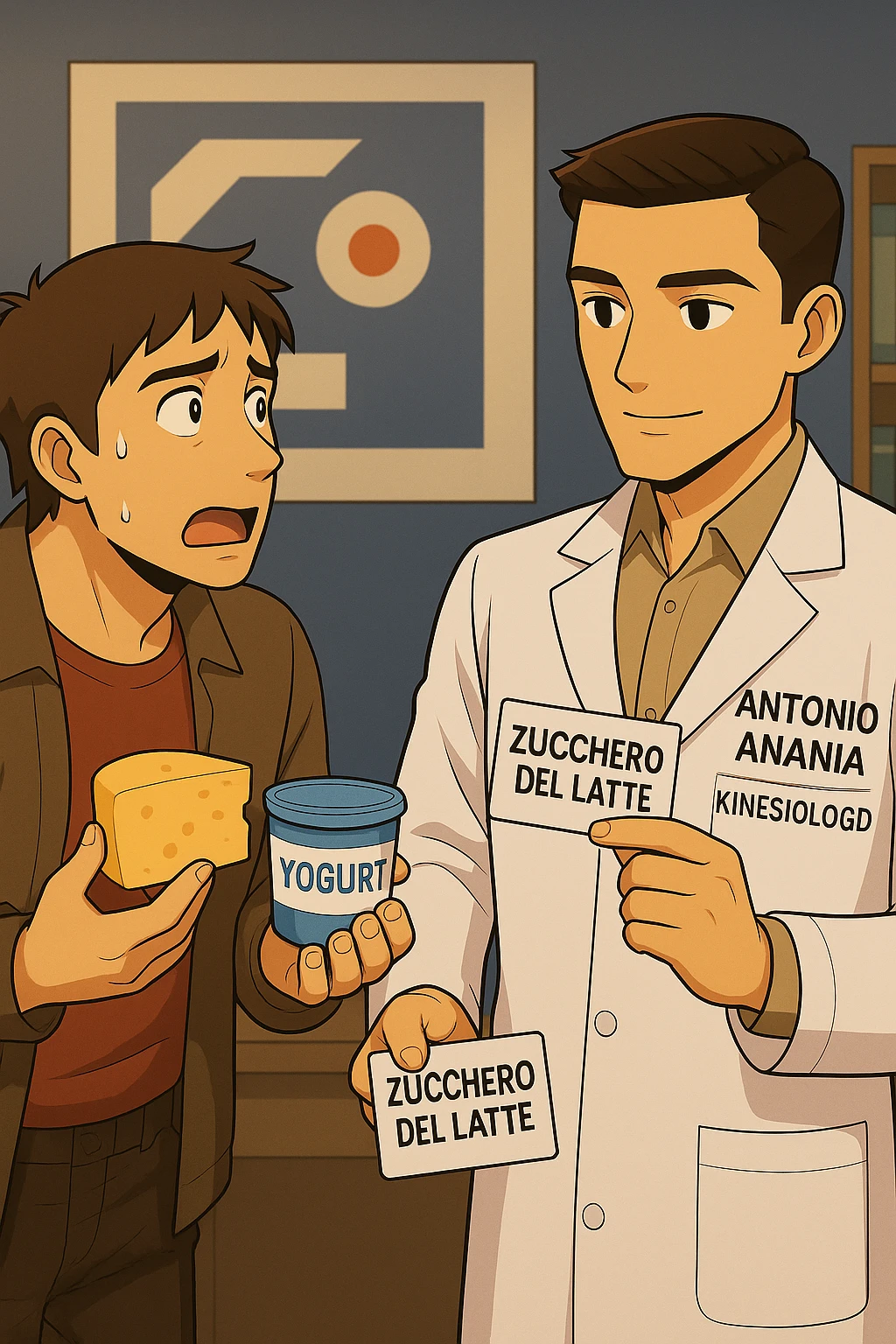 fai un webtoon manga a colori con questo stile, in cui un uomo fa una domanda al kinesiologo con il camice bianco (fagli anche la scritta "ANTONIO ANANIA" SUL CAMICE, l'uomo chiede una cosa mostrando un formaggio e uno yogurt al kinesiologo con il camice, IL KINESIOLOGO annuisce e SPIEGA ALL'UOMO UNA cos. L'UOMO ha un ESPRESSIONE CONFUSA IN VOLTO. non fare i fumetti però, fai solo in modo che sembri stiano parlando emoji