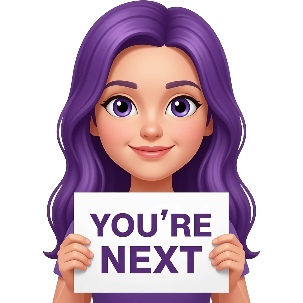girl with long purple hair with a YOU'RE NEXT sign emoji