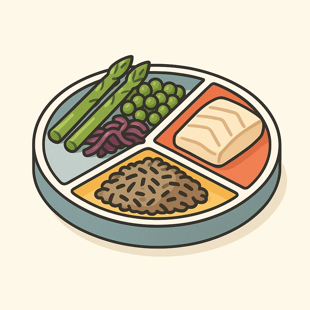 Harvard plate, half with asparagus, peas, and red cabbage, one quarter with baked cod protein, one quarter with wild rice complex carbs, 2D isometric illustration style emoji