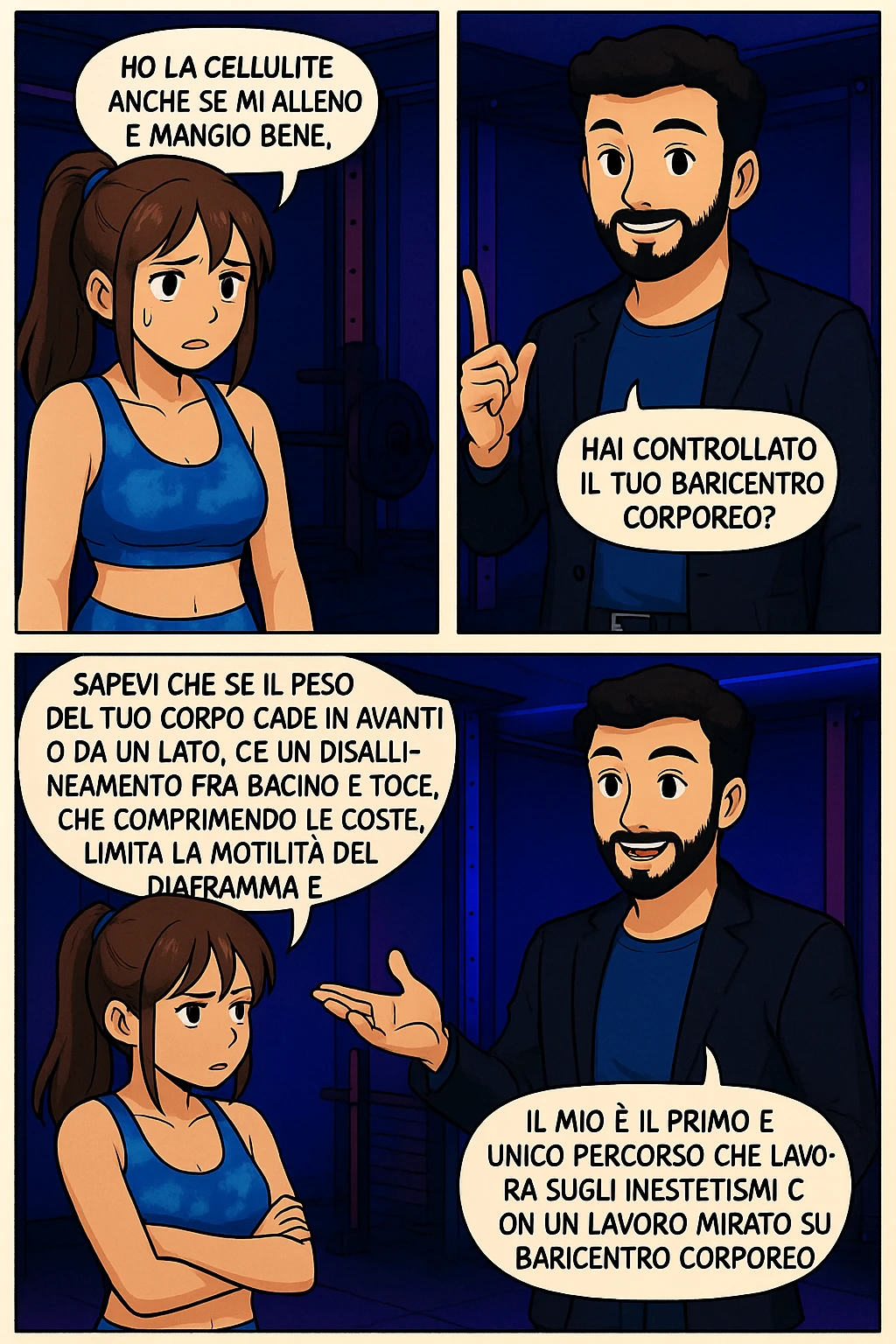 PRENDI SPUNTO DA QUESTO STILE FACENDO UN WEBTOON/MANGA:

LEI: Ho la cellulite anche se mi alleno e mangio bene, cosa posso fare?

LUI: Hai controllato il tuo baricentro corporeo?
LUI: Sapevi che se il peso del tuo corpo cade in avanti o da un lato, c’è un disallineamento fra bacino e torace, che comprimendo le coste, limita la motilità del diaframma e l’ossigenazione dei tessuti?
LUI: Il mio è il primo e unico percorso che lavora sugli inestetismi con un lavoro mirato sul baricentro corporeo. emoji