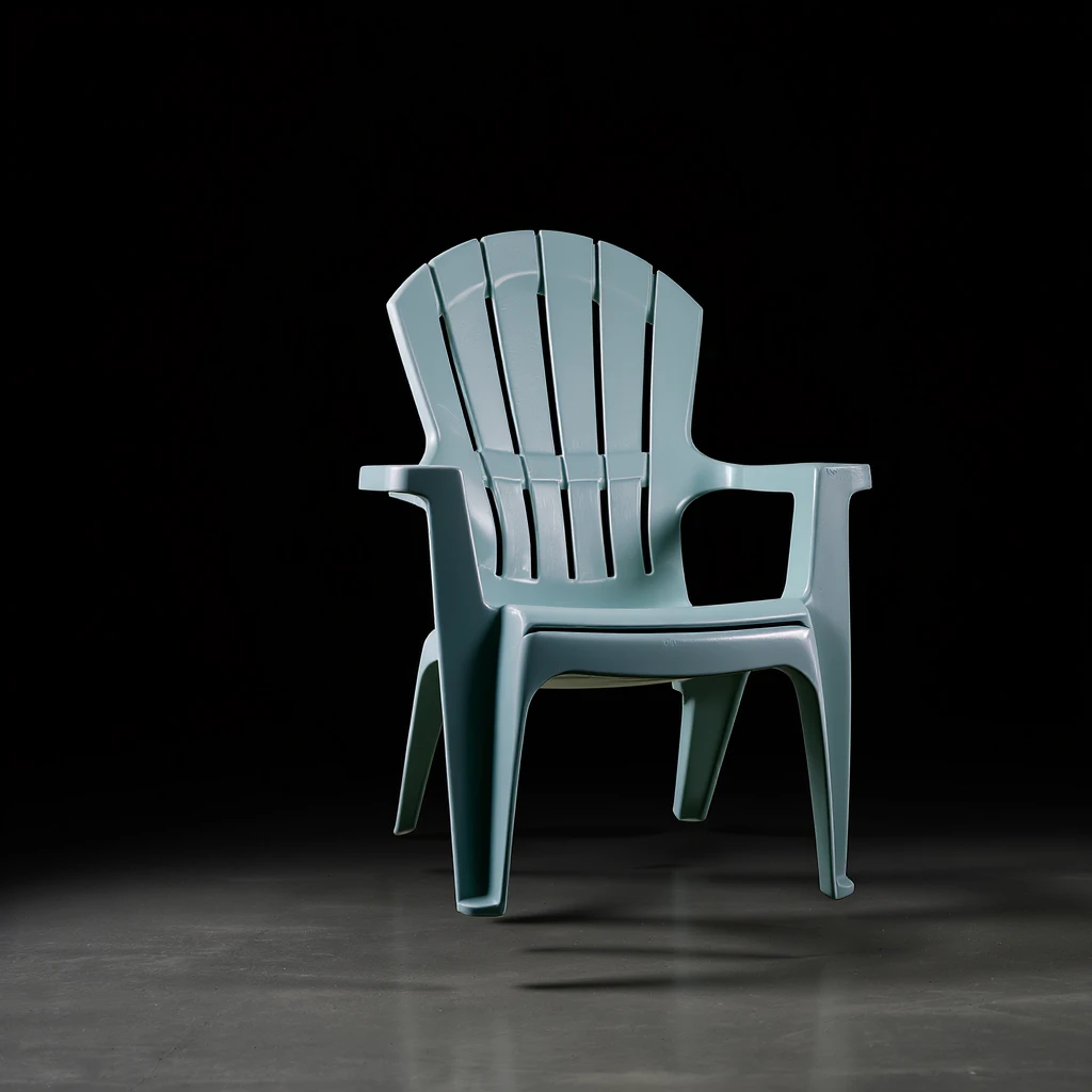 molded plastic lawn chair with arched top rail, five vertical back slats, rounded armrests, four tubular legs, suspended in mid-air over a smooth studio floor, isolated, high-key lighting, modern product photo style emoji
